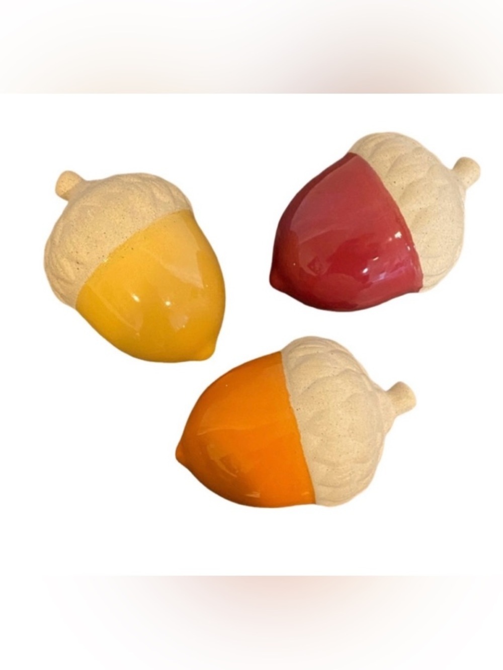 Colorful Ceramic Acorn Decor Set (3). Orange, Red & Yellow.